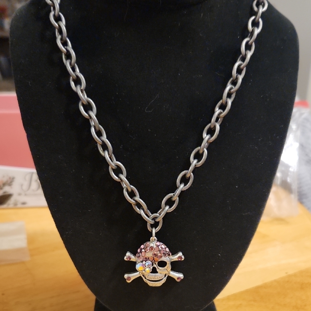 Silver Skull Pendant Necklace with Pink Accents